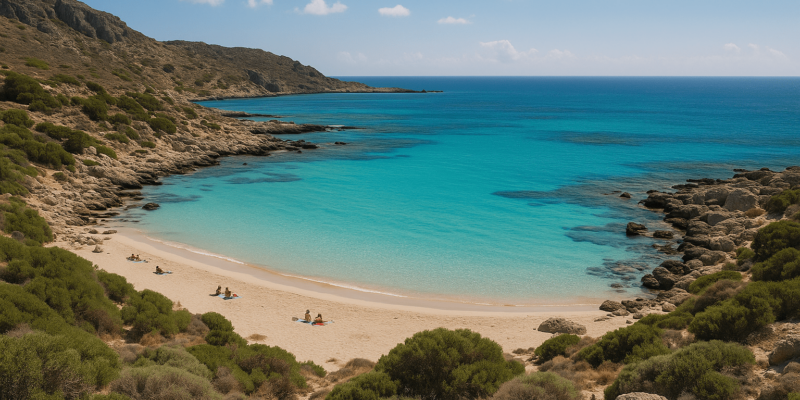a quite beach photo with sand and blue waters