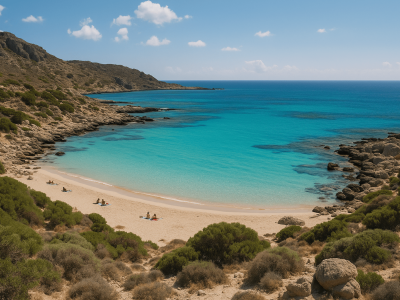a quite beach photo with sand and blue waters